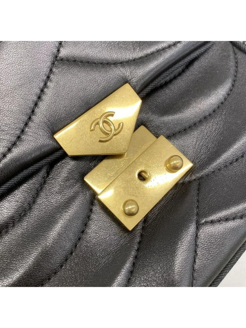 Chanel Shoulder Bag Wave Stitch Lambskin Black Gold